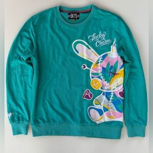 BKYS UNISEX Aqua Teal Lucky Charm Crewneck Sweatshirt French Terry Size Large